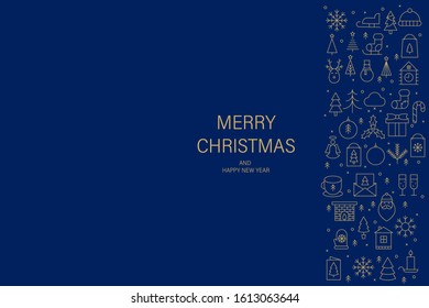 Christmas greeting card with gold  thin line icons, deep blue background. 