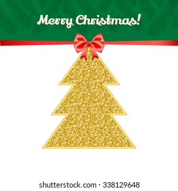 Christmas greeting card with Gold Christmas tree and red bow. Christmas background, decoration. Vector illustration