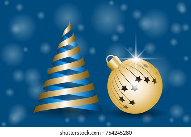 Christmas greeting card. Golden christmas ball and ribbons fir tree. Vector illustration EPS10