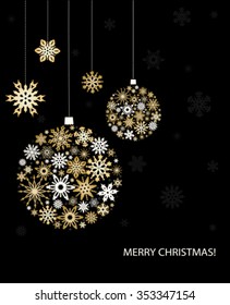 Christmas greeting card with golden balls and snowflakes. Vector