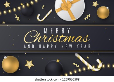 Christmas greeting card. Golden and black balls. Gift box with tape. Confetti with serpentine. Golden stars and lollipops. Scattered jewelry and toys. Gold garland. Vector illustration. EPS 10