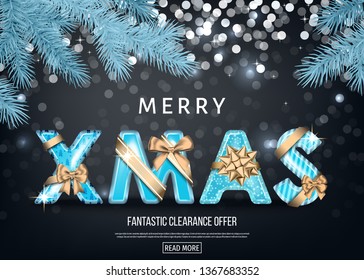 Christmas greeting card  with golden and blue decorative letters with  gold gift bow, ribbon  and  fir branch. Xmas text on black background. Winter holiday special offer. Vector template.