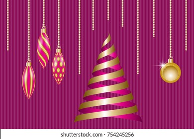 Christmas greeting card. Golden christmas decorations and ribbons fir tree. Vector illustration EPS10