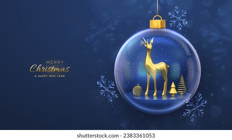 Christmas greeting card. Golden deer in a transparent glass ball. Shining showflakes, glitter confetti. New Year Xmas blue background. Festive holiday poster, banner, flyer. 3D Vector illustration.