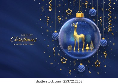 Christmas greeting card. Golden deer in a transparent glass ball. Shining showflakes, glitter confetti. New Year Xmas blue background. Festive holiday poster, banner, flyer. 3D Vector illustration.