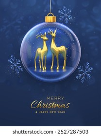 Navidades tarjeta de felicitación. Ciervos dorados en una bola de cristal transparente. Brillantes copos de nieve, confeti brillante. Año Nuevo Fondo azul de Navidad. Cartel festivo de vacaciones, Anuncio, volante. Ilustración vectorial 3D.