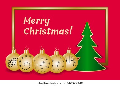Christmas greeting card with golden frame, christmas balls and fir tree cut out from paper. Vector illustration EPS10