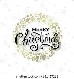 Christmas greeting card with golden ornamental design elements and lettering wishes. Holiday background with luxury round frame from decorations.