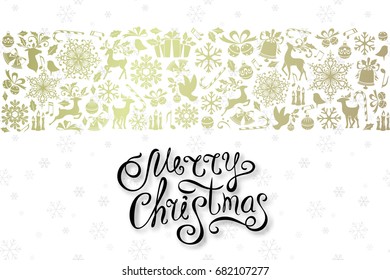 Christmas greeting card with golden ornamental design elements and lettering wishes. Holiday horizontal background with border from luxury decorations.