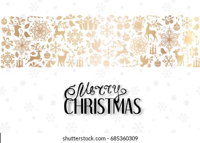 Christmas greeting card with golden ornamental design elements and lettering wishes. Holiday horizontal background with border from luxury decorations.