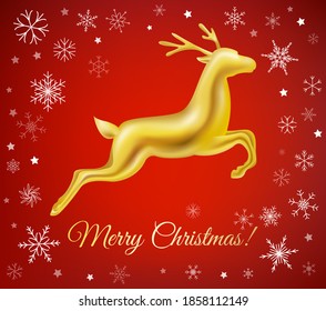 Christmas greeting card  with a golden reindeer in a realistic style. Premium vector illustration.
