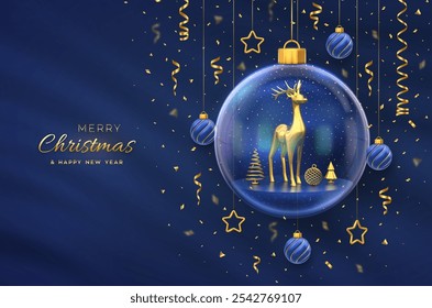 Christmas greeting card. Golden reindeer in a transparent glass ball. Shining stars, glitter confetti. New Year Xmas blue background. Festive holiday poster, banner, flyer. 3D Vector illustration