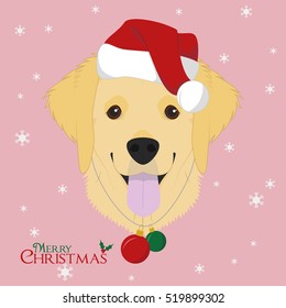 Christmas greeting card. Golden Retriever dog with red Santa's hat and Christmas toy balls