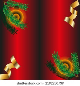 Christmas greeting card with a golden serpentine, spruce branch and christmas balls on beautiful red gradient background with copy space. The Christmas concept. Festive background.