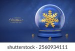 Christmas greeting card. Golden shining 3D snowflake and glitter confetti inside a snow globe. Gold baubles. Christmas New Year background, Xmas holiday poster, banner, flyer. 3D Vector illustration.