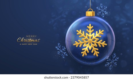 Christmas greeting card. Golden shining 3D snowflake in a transparent glass ball on blue background. Merry christmas and Happy New Year Xmas holiday poster, banner, flyer. Vector illustration.