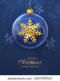 Navidades tarjeta de felicitación. Copo de nieve brillante de oro 3D dentro de una bola de vidrio transparente sobre fondo azul. Feliz Navidad y Feliz Año Nuevo Cartel de vacaciones de Navidad, Anuncio, volante. Ilustración vectorial.