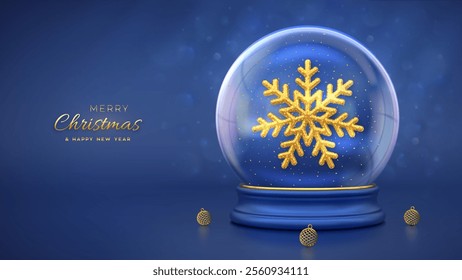 Christmas greeting card. Golden shining 3D snowflake and glitter confetti inside a snow globe. Gold baubles. Christmas New Year background, Xmas holiday poster, banner, flyer. 3D Vector illustration.