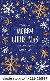 Christmas greeting card with golden snowflakes. Vector illustration