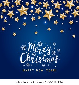 Christmas greeting card with golden stars decor on blue background for winter holiday design