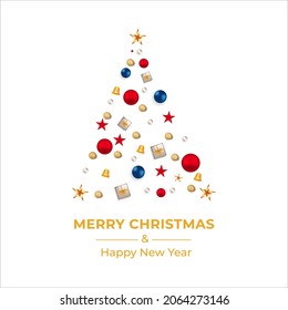 Christmas greeting card with golden stars, decoration ball. Xmas card with gifts and golden bells. Christmas card, Xmas decoration ball, red ball, gifts, blue ball, golden bell, typography, red star.