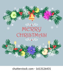 Christmas greeting card with green conifer paper cutting branches with jingle bell, candle, poinsettia, apple, lemon and paper handmade snowflakes. New Year concept