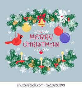 Christmas greeting card with green conifer paper cutting branches with jingle bell, candle, cone, hanging northern cardinal bird toy and balls, paper handmade snowflakes. New Year concept