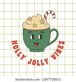 Christmas greeting card with green cup in groovy style. Template for Merry Christmas and Happy New year greeting card, poster, party invitation. Vector illustration