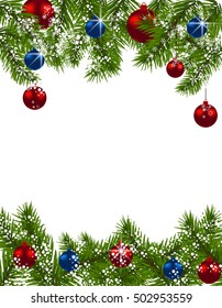 Christmas greeting card. Green fir branches with red and blue balls on white background. Christmas decorations. Vector illustration