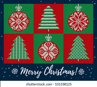 Christmas Greeting Card with green fir and red balls. On a blue background knitted pattern, hand drawn snowflakes, Merry Christmas lettering. Winter Holiday Sweater Design. Vector Illustration