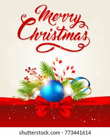 Christmas greeting card with green fir branch, red bow and decorations. Vector illustration. Holiday background.