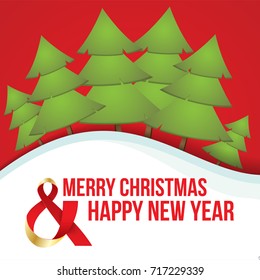 Christmas greeting card. Green fir-tree on red background. Minimalist flat design for packing or web banner.