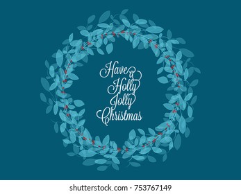 Christmas greeting card with green leaf and red holly jolly created with watercolor brushes effect