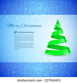 Christmas greeting card with green ribbon Christmas tree over sparkling background