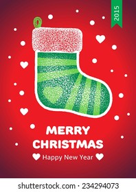 Christmas greeting card with green sock hanging on red background