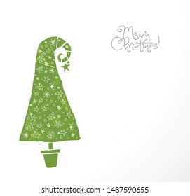 Christmas greeting card with green christmas tree decorated with stars on white background