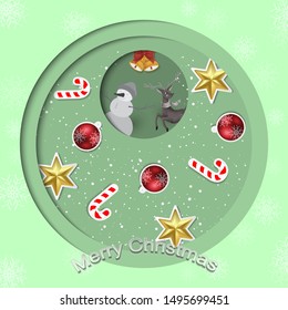 Christmas Greeting Card Of Green.Reindeer and snow man happy with Merry Christmas decoration.Paper art design.Vector illustration.Eps10