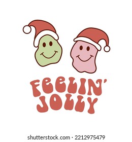 Christmas greeting card with groovy smile face and Feelin Jolly lettering. Hippie smile with Santa hat in 70s retro style.