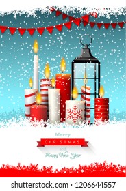 Christmas greeting card with group of candles and old black lantern in snow on dark brown wooden background, vector illustration, eps 10 with transparency
