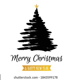 Christmas Greeting Card with grunge hand drawn Christmas Tree and merry christmas congratulation text isolated on white, vector