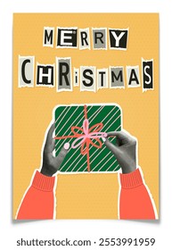 Christmas greeting card with halftone hands holding gift. Trendy retro New Year postcard with torn paper collage elements. Unpacking wrapped box with bow. Paper magazine letters. Vector illustration.