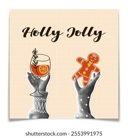 Christmas greeting card with halftone hands. Elegant New Year postcard with torn paper collage elements. Hand drawn mulled wine glass and gingerbread man. Retro newspaper concept. Vector illustration.