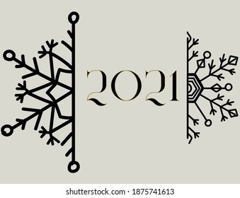 Christmas greeting card with halved snowflake and year 2021 text. Vector