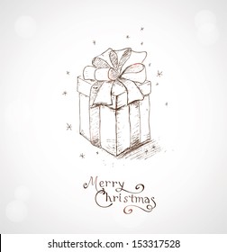 Christmas greeting card. Hand draw background with xmas design and Merry Christmas lettering