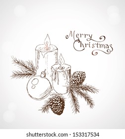 Christmas greeting card. Hand draw background with xmas design and Merry Christmas lettering