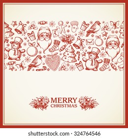 Christmas greeting card with hand draw elements. Vintage template with seamless sketch border. Poster, banner, party invitation, greeting card design. Happy New Year. Marry Christmas.