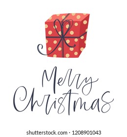 Christmas greeting card with hand drawn lettering and gift box. Design for invitation, cards, banners. Isolated on white background.