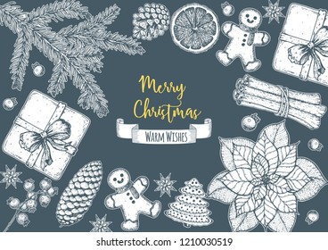Christmas greeting card. Hand drawn sketch. Vector illustration. Christmas invitation design template. Sketch collection.