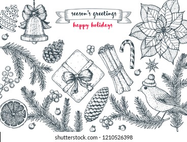 Christmas greeting card. Hand drawn sketch. Vector illustration. Christmas invitation design template. Sketch collection.