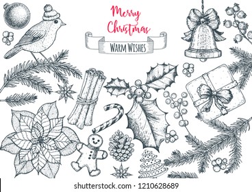 Christmas greeting card. Hand drawn sketch. Vector illustration. Christmas invitation design template. Sketch collection.